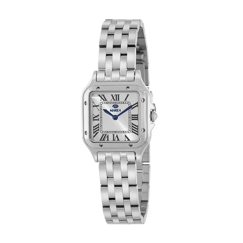 Reloj plateado clásico con detalles azules  1