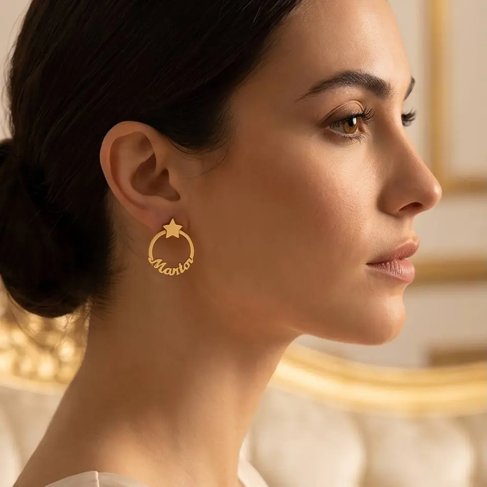 Pendientes personalizados con nombre circular plata en baño de oro  4