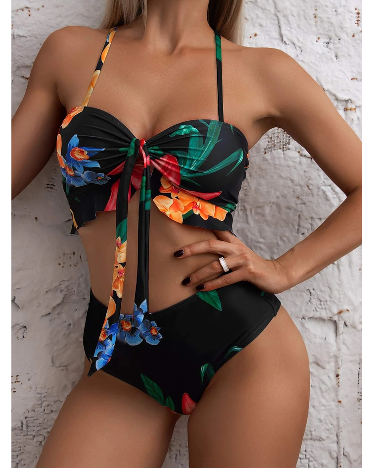 Bikini tiro alto caribe + pareo Negro