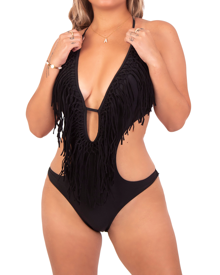 Trikini mujer básico negro flecos