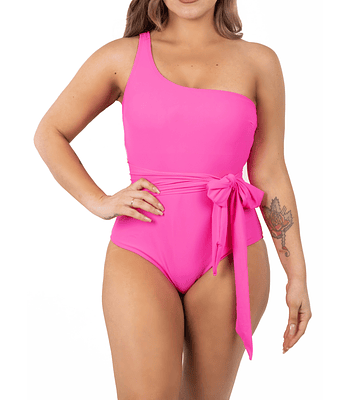 Traje de baño entero asimétrico nudo Fucsia