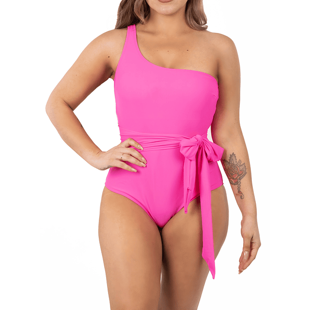 Traje de baño entero asimétrico nudo Fucsia