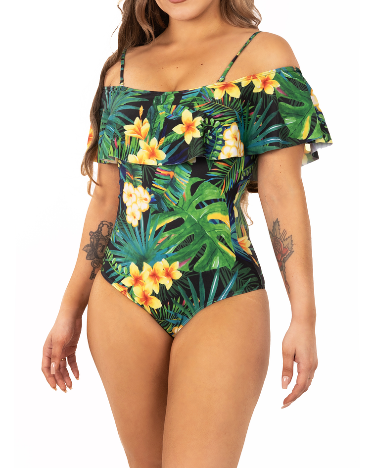 Traje de baño sin hombros Verde Floral Rio