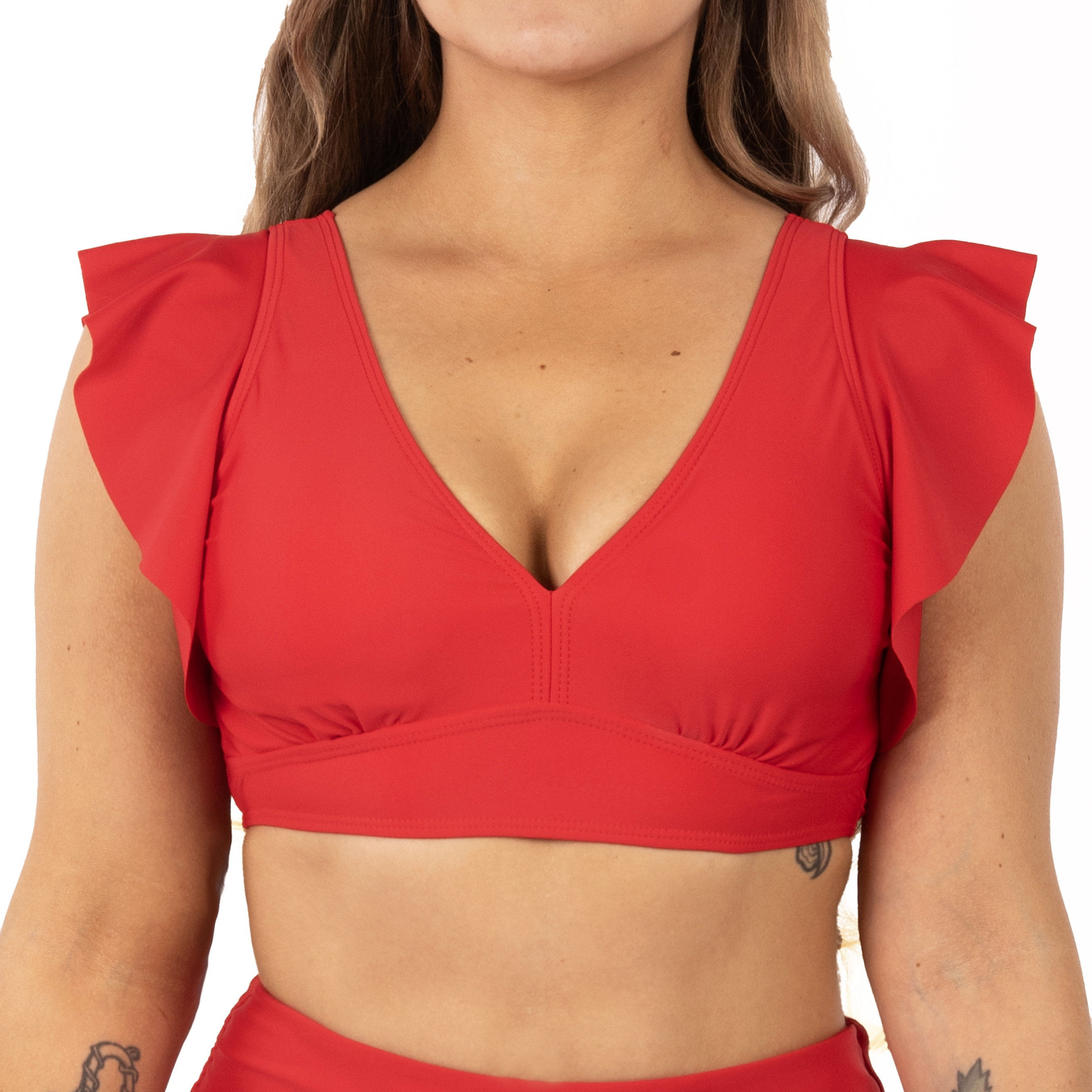 Top traje de baño Vuelos hombros escote V Rojo 2