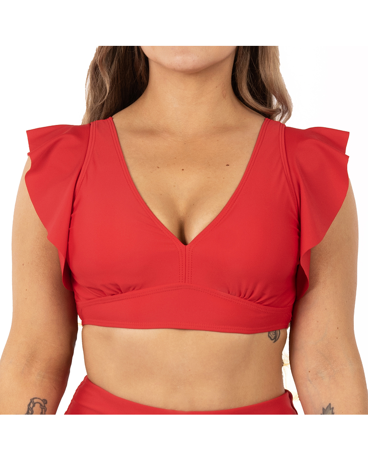 Top traje de baño Vuelos hombros escote V Rojo