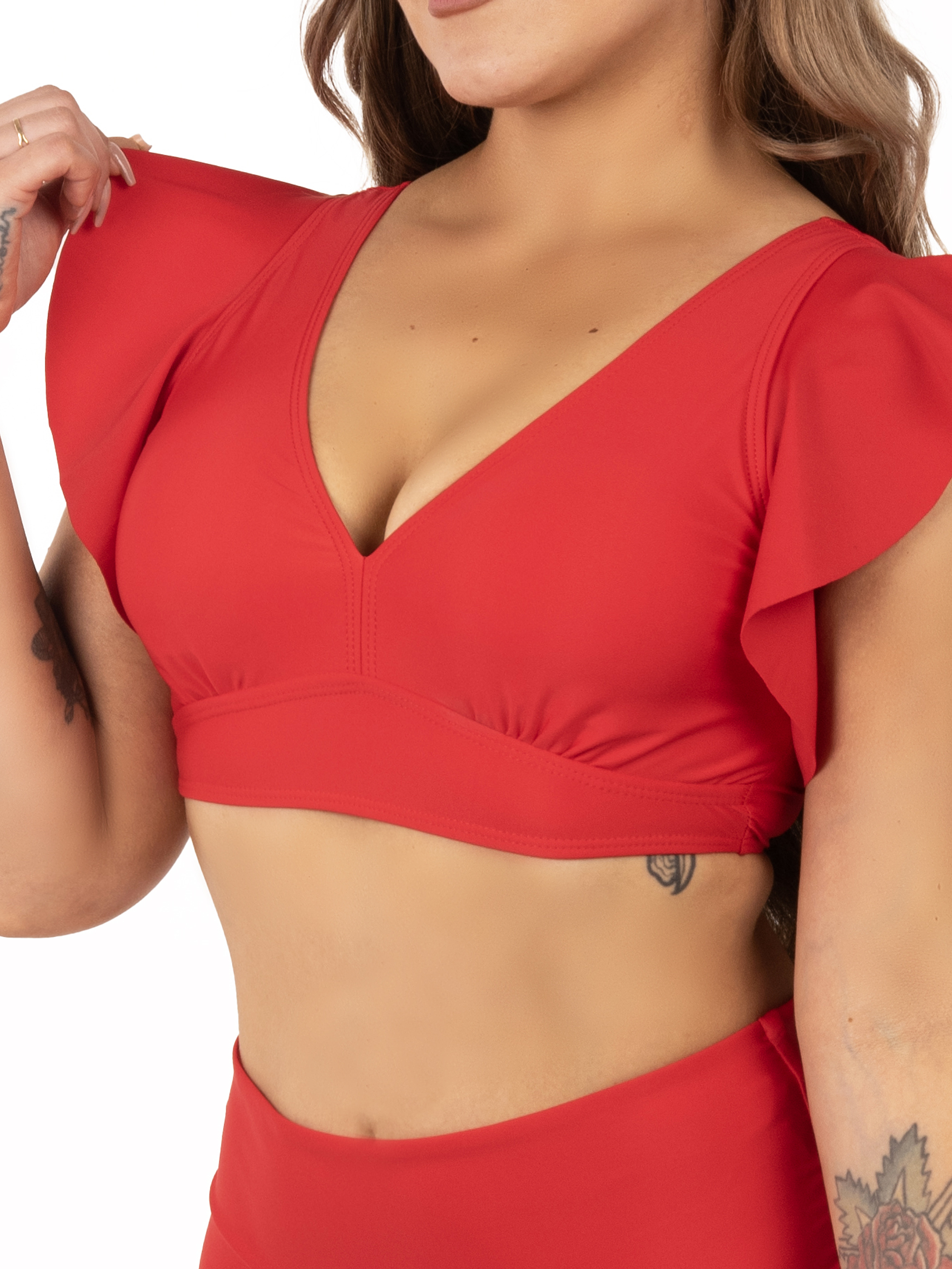 Top traje de baño Vuelos hombros escote V Rojo 1