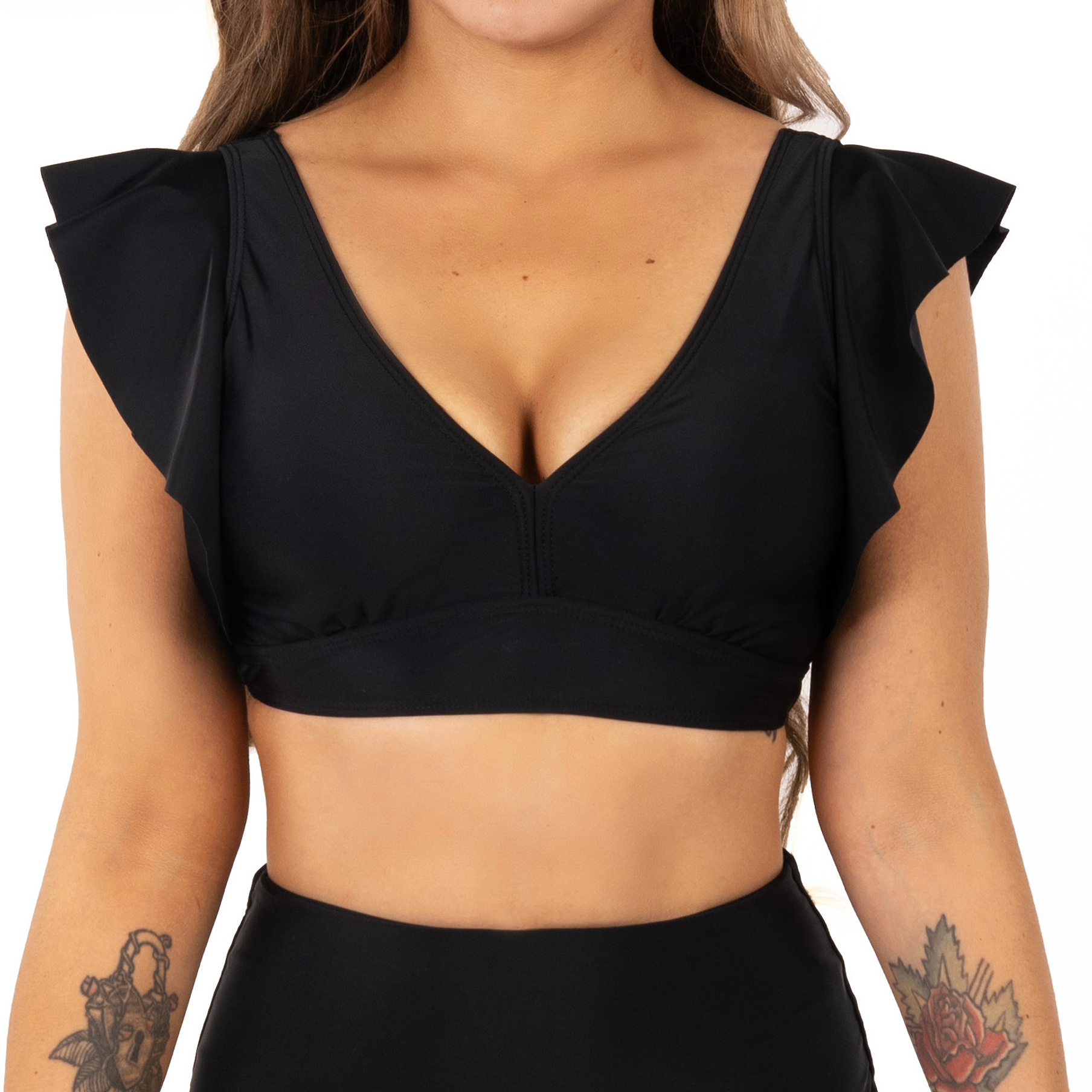 Top traje de baño Vuelos hombros escote V Negro 1