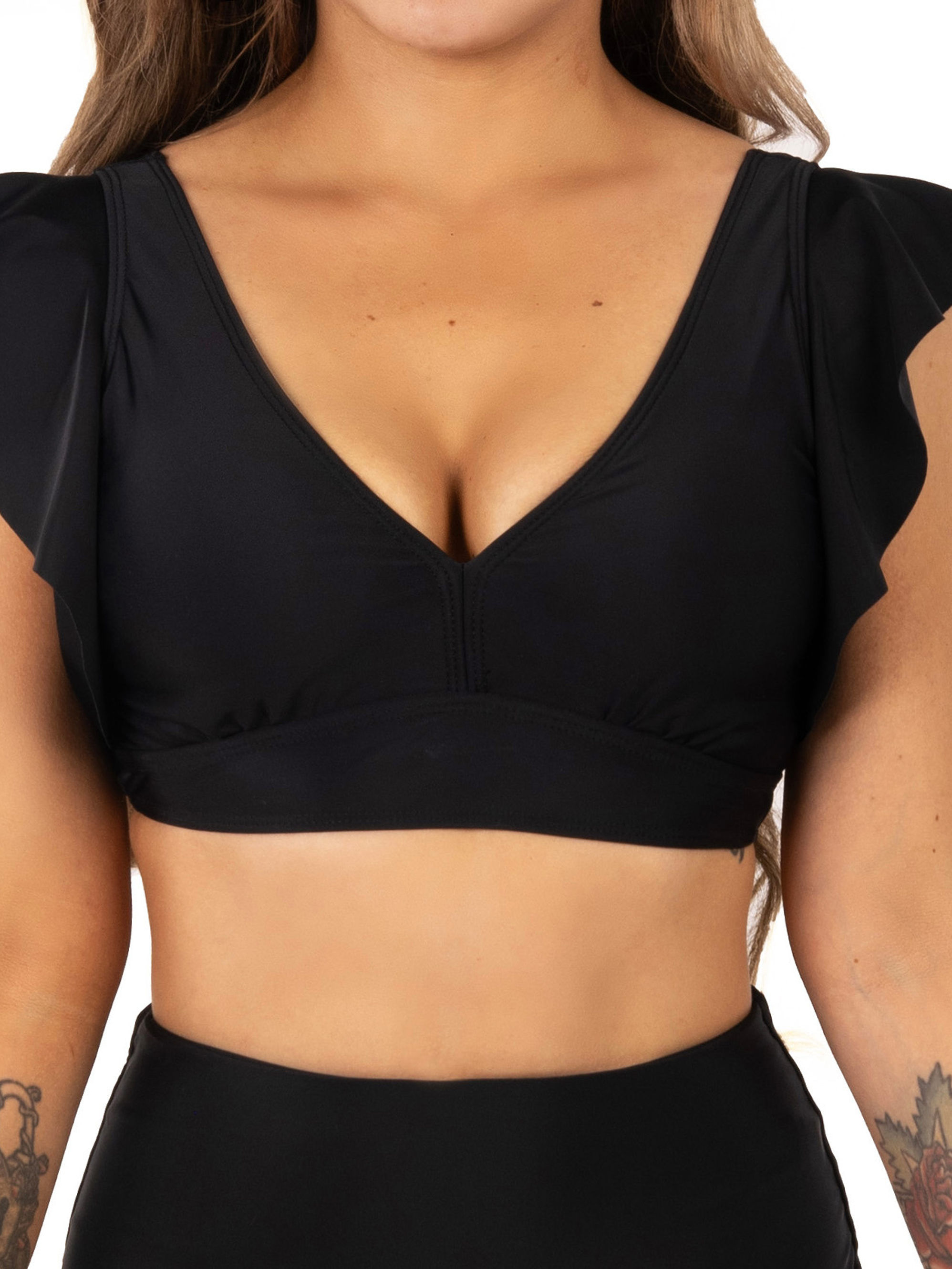 Top traje de baño Vuelos hombros escote V Negro 1