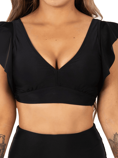 Top traje de baño Vuelos hombros escote V Negro