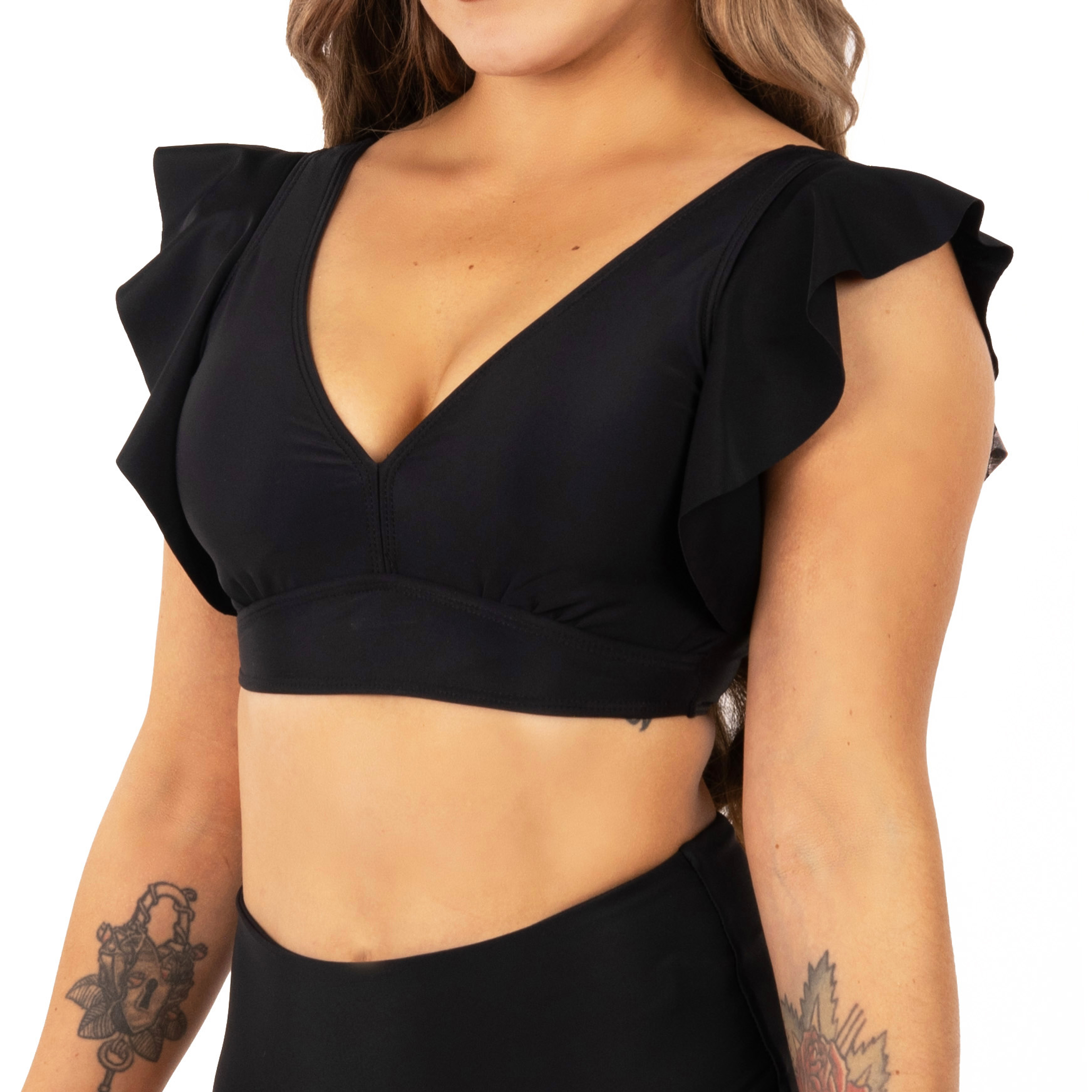 Top traje de baño Vuelos hombros escote V Negro 2