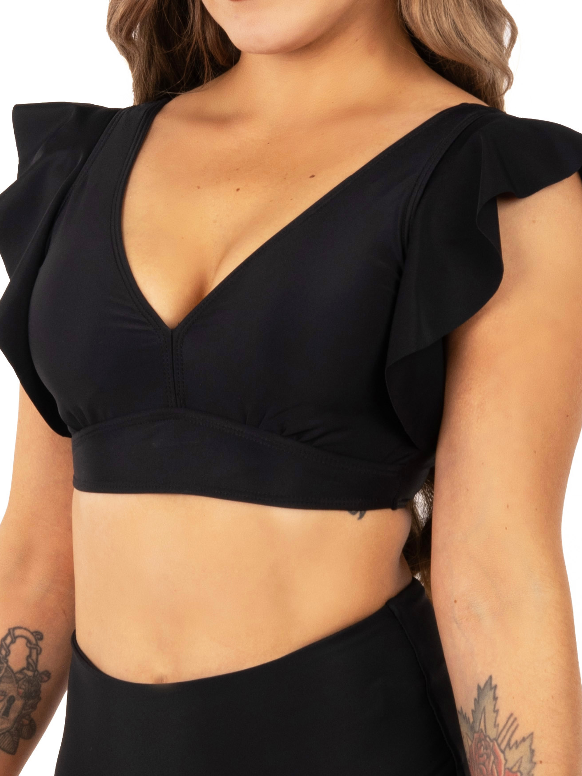 Top traje de baño Vuelos hombros escote V Negro 2