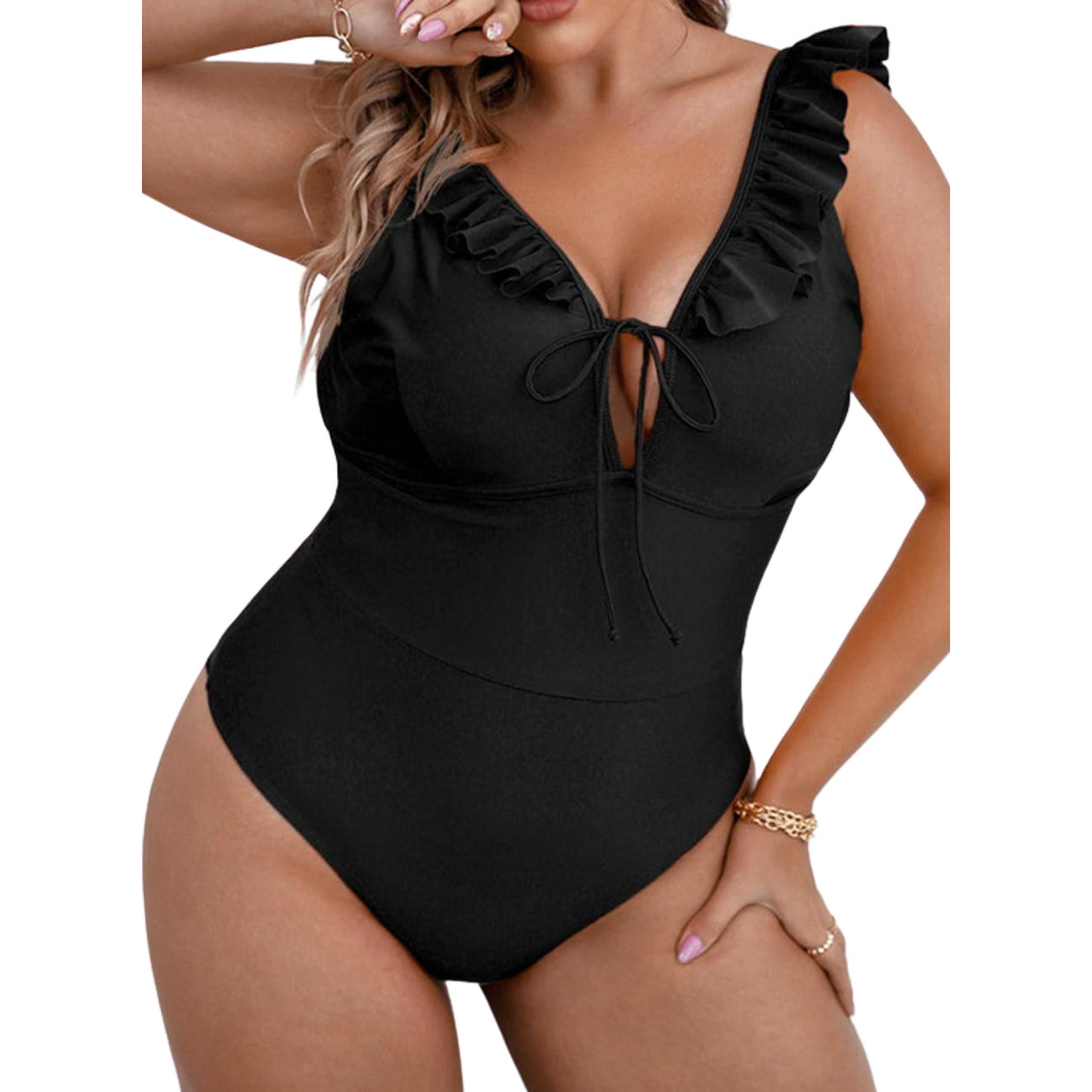 Traje de baño vuelos nudo Plus size Negro 1