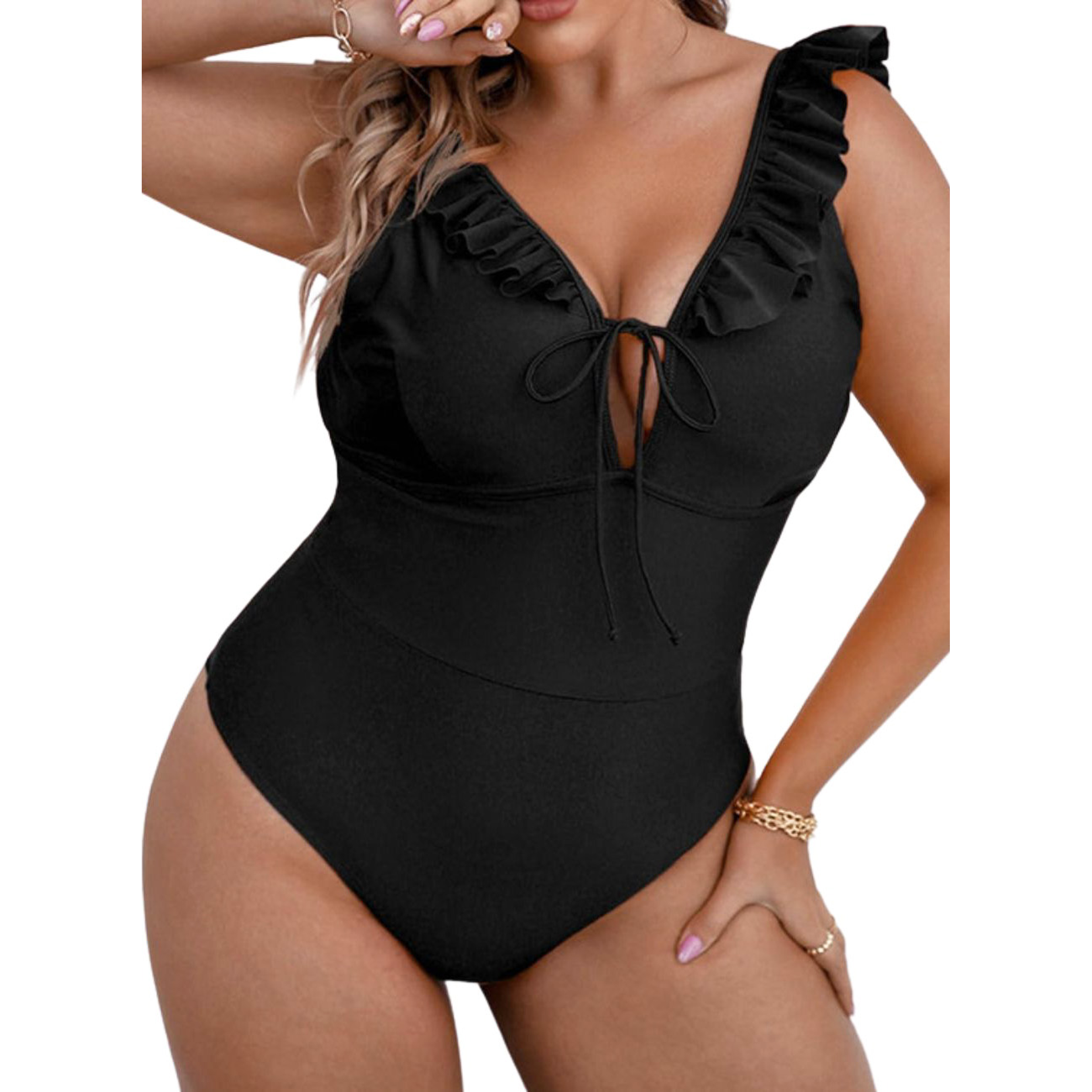 Traje de baño vuelos nudo Plus size Negro 1