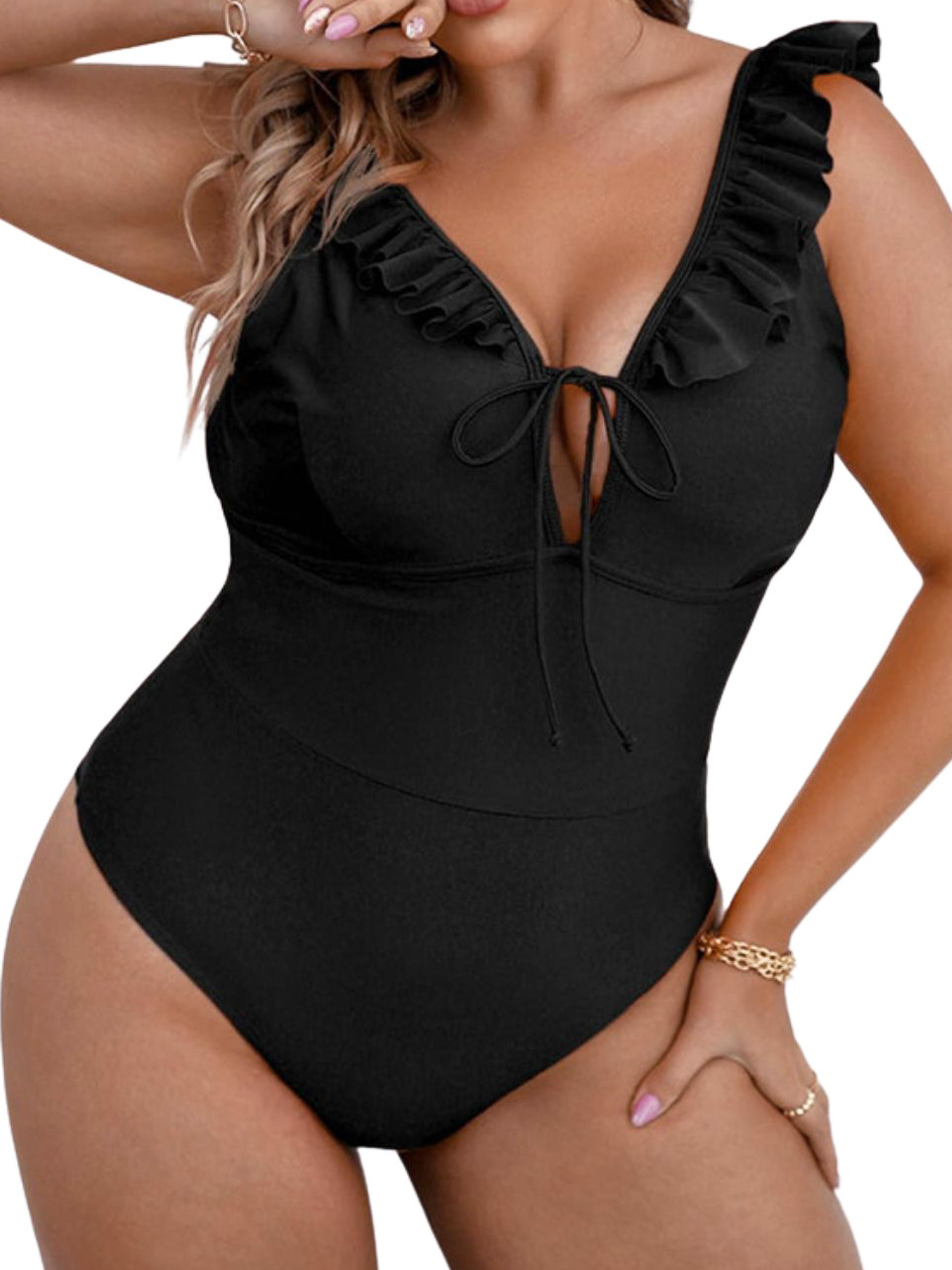 Traje de baño vuelos nudo Plus size Negro 1