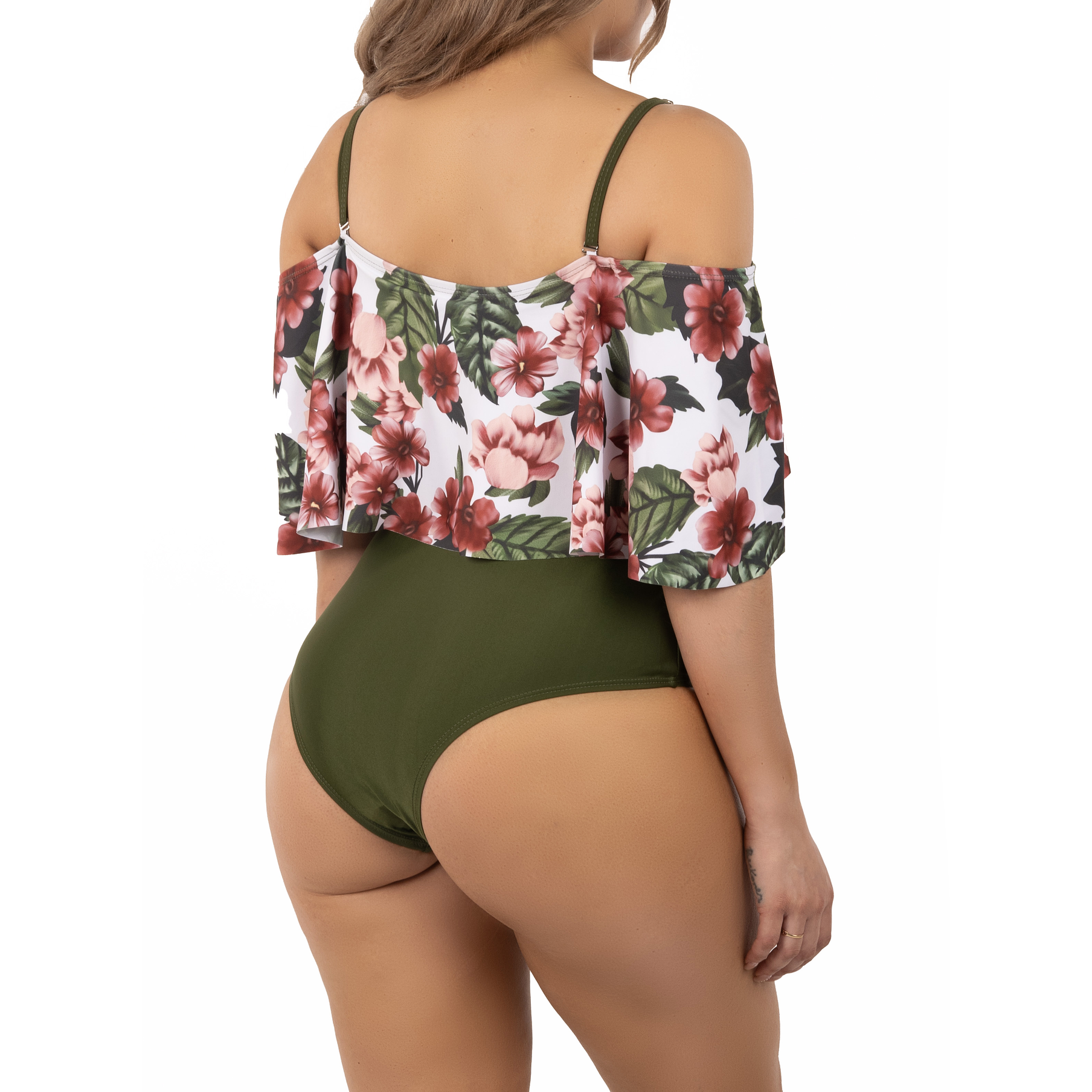 Traje de baño floral sin hombros Verde Olivo Lu 3