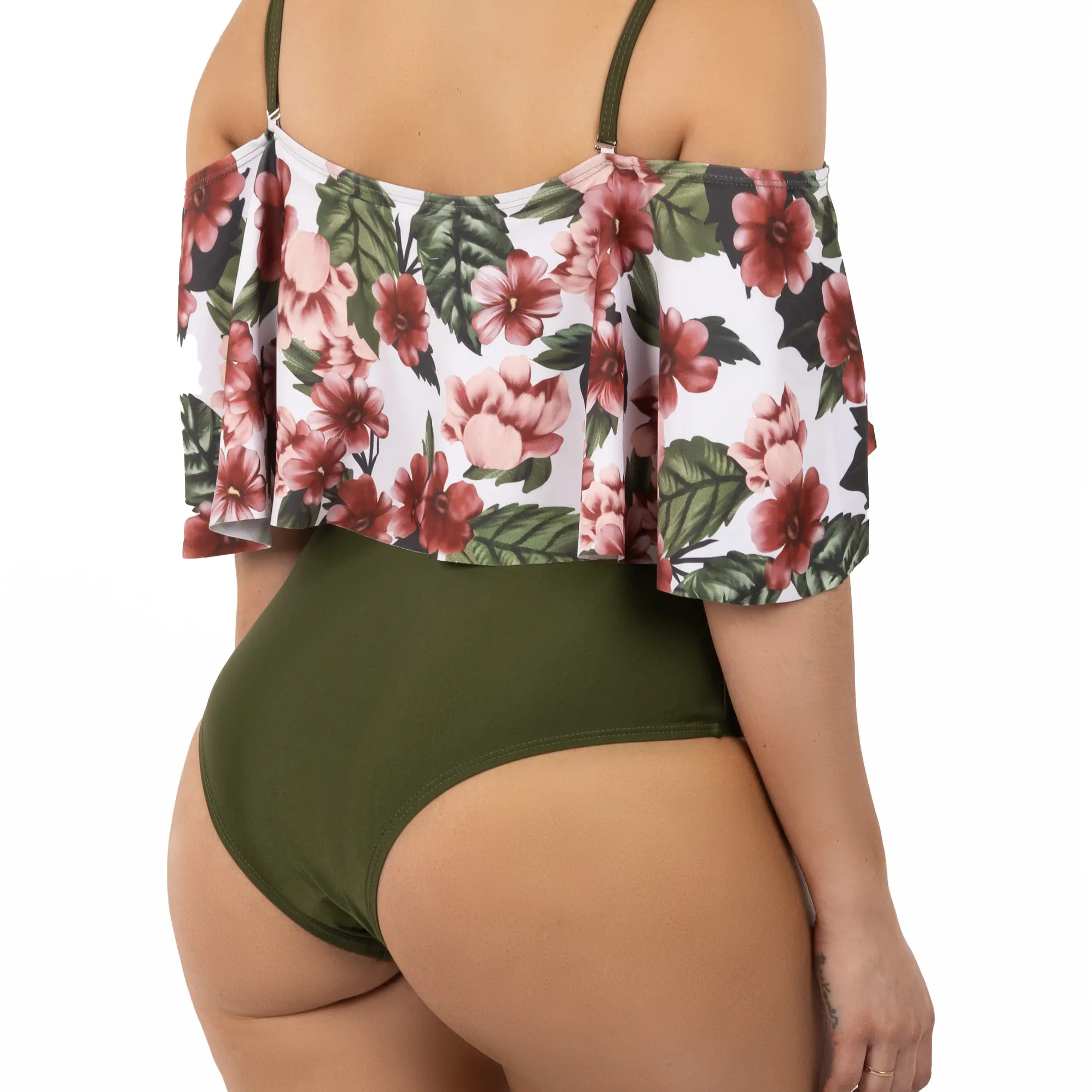 Traje de baño floral sin hombros Verde Olivo Lu 3