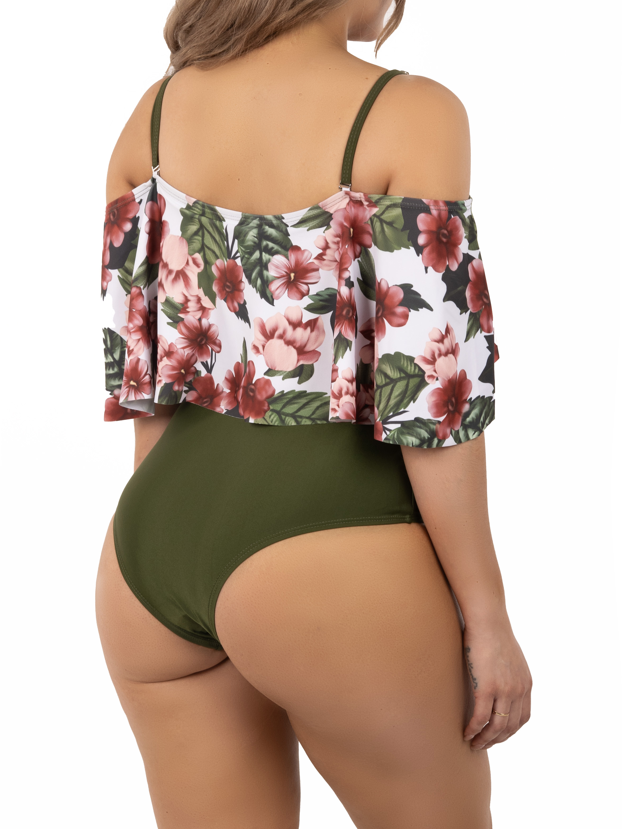 Traje de baño floral sin hombros Verde Olivo Lu 3
