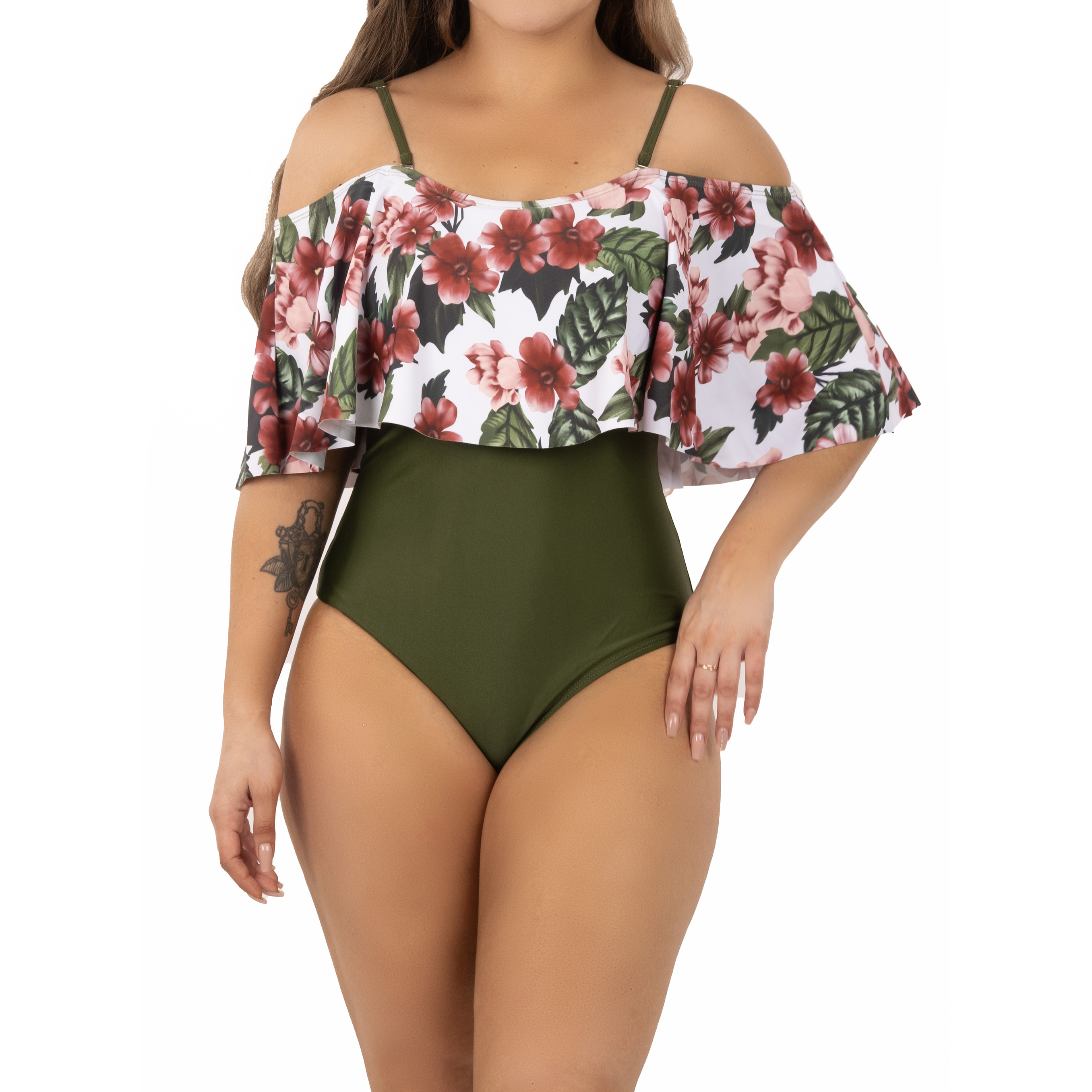 Traje de baño floral sin hombros Verde Olivo Lu 2