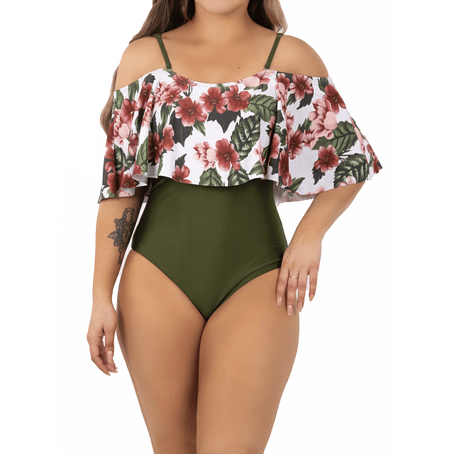 Traje de baño floral sin hombros Verde Olivo Lu