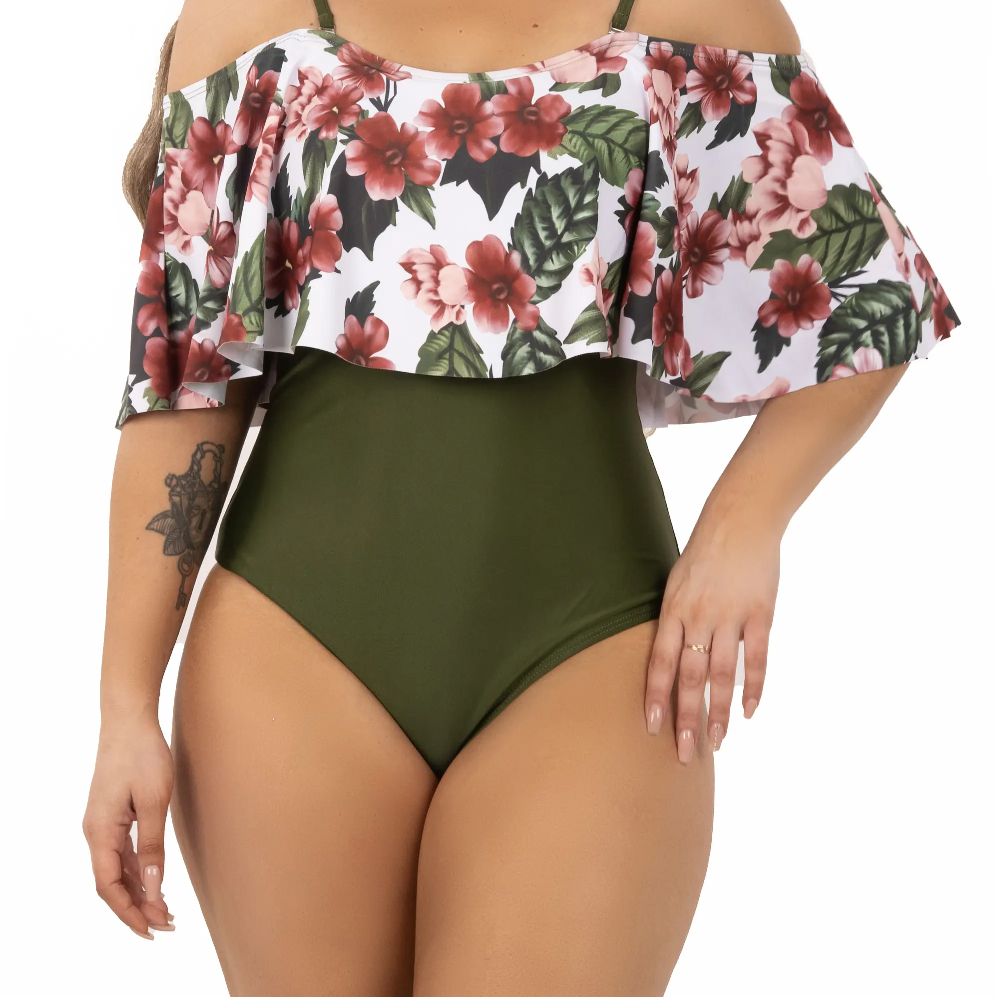 Traje de baño floral sin hombros Verde Olivo Lu 2