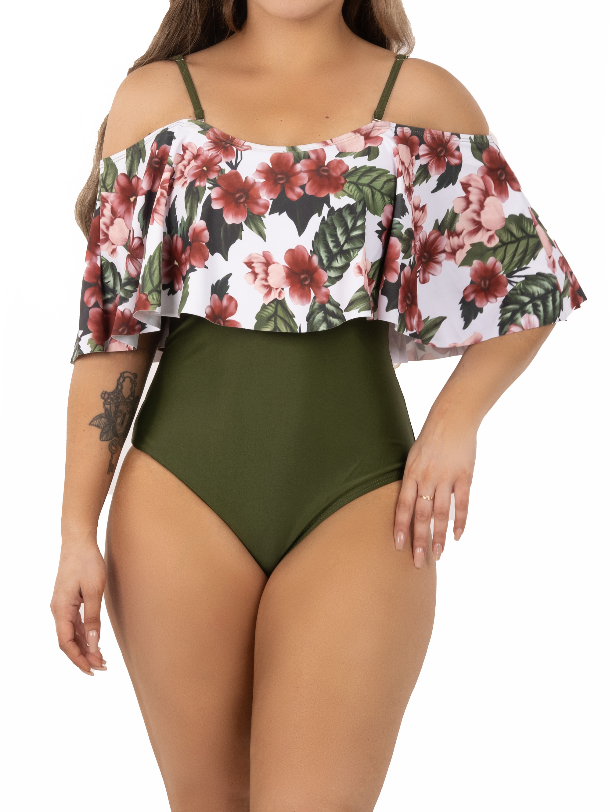 Traje de baño floral sin hombros Verde Olivo Lu 2
