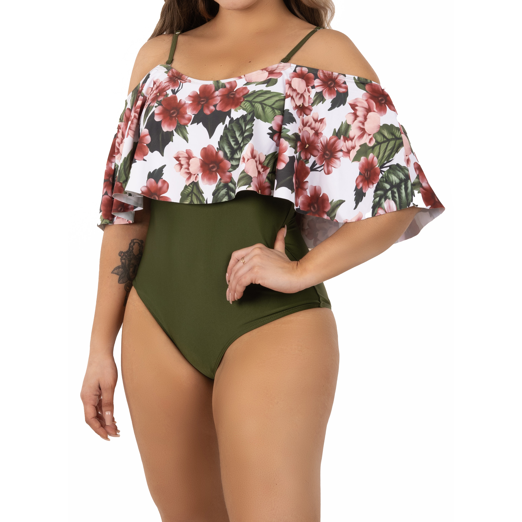 Traje de baño floral sin hombros Verde Olivo Lu 1