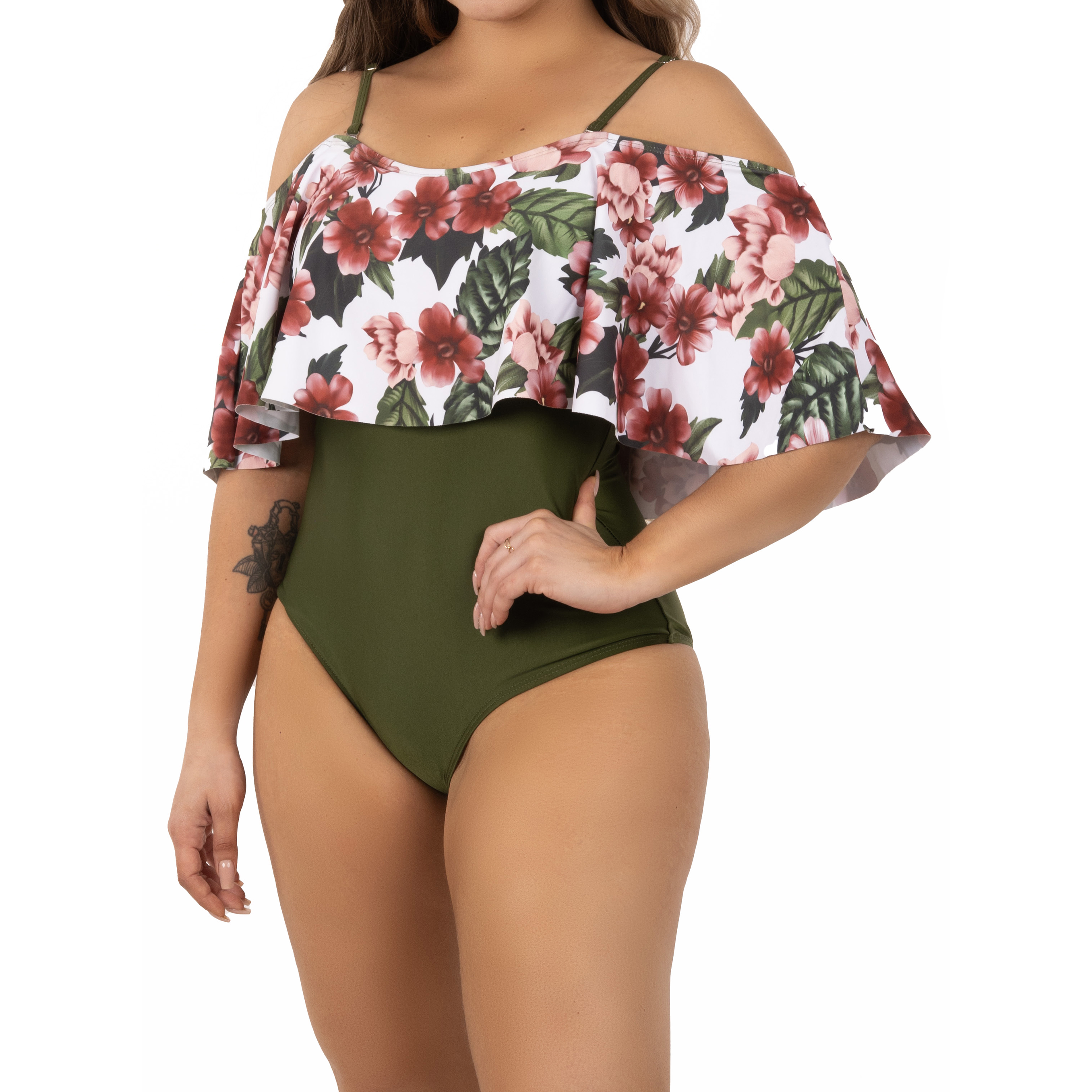 Traje de baño floral sin hombros Verde Olivo Lu 1