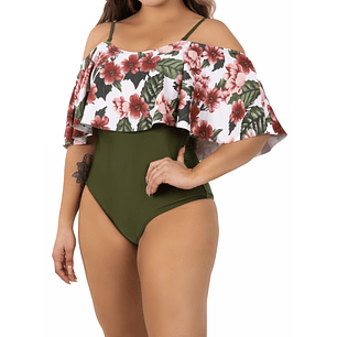 Traje de baño floral sin hombros Verde Olivo Lu