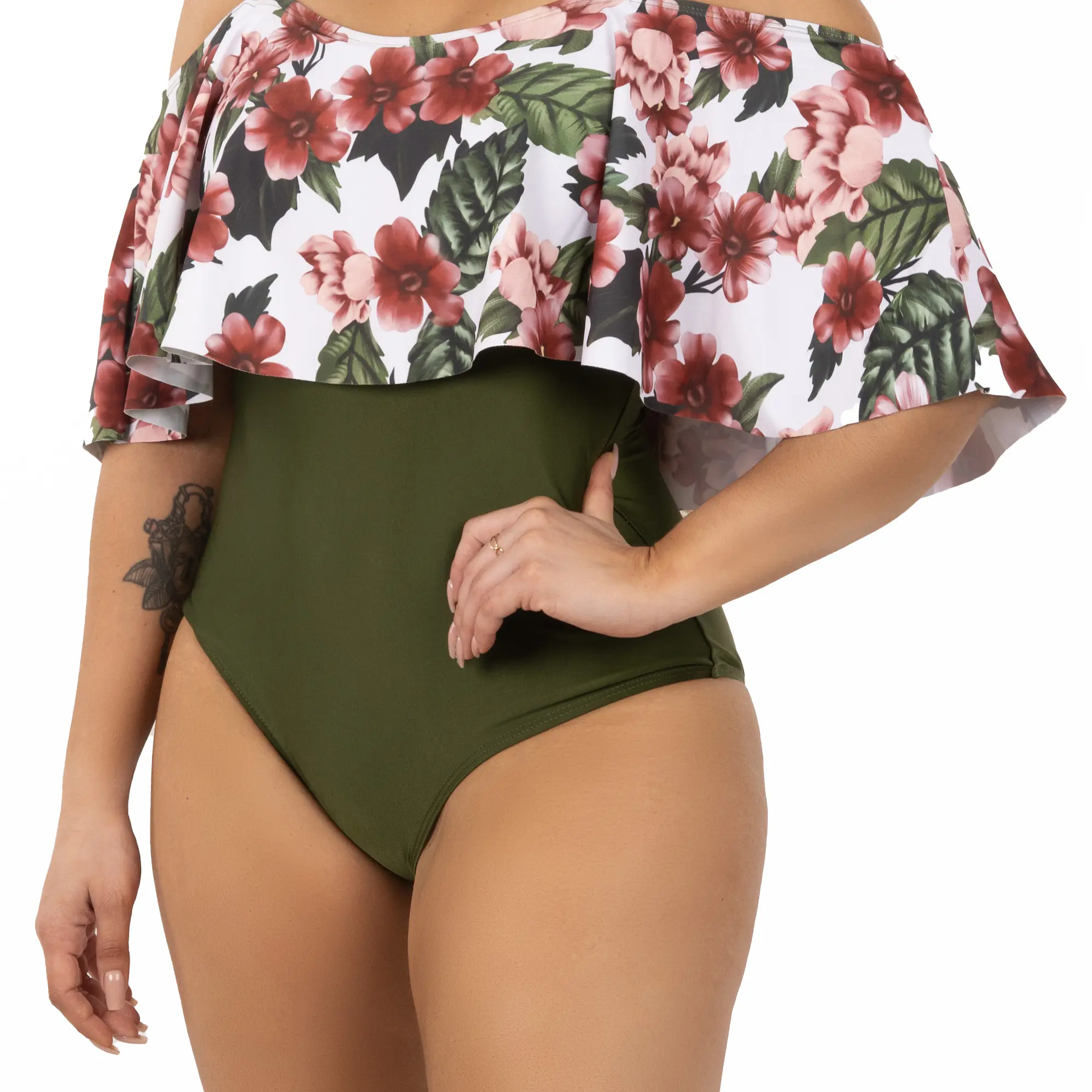 Traje de baño floral sin hombros Verde Olivo Lu 1