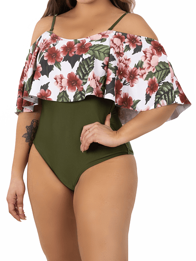 Traje de baño floral sin hombros Verde Olivo Lu