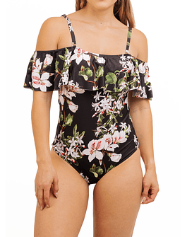 Traje de baño sin hombros Floral Negro