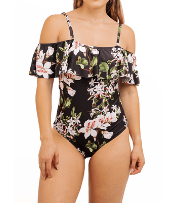 Traje de baño sin hombros Floral Negro