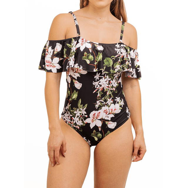 Traje de baño sin hombros Floral Negro