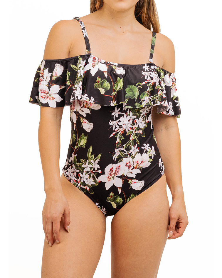 Traje de baño sin hombros Floral Negro