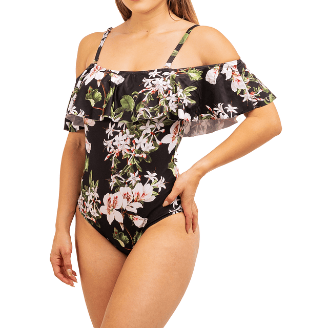 Traje de baño sin hombros Floral Negro