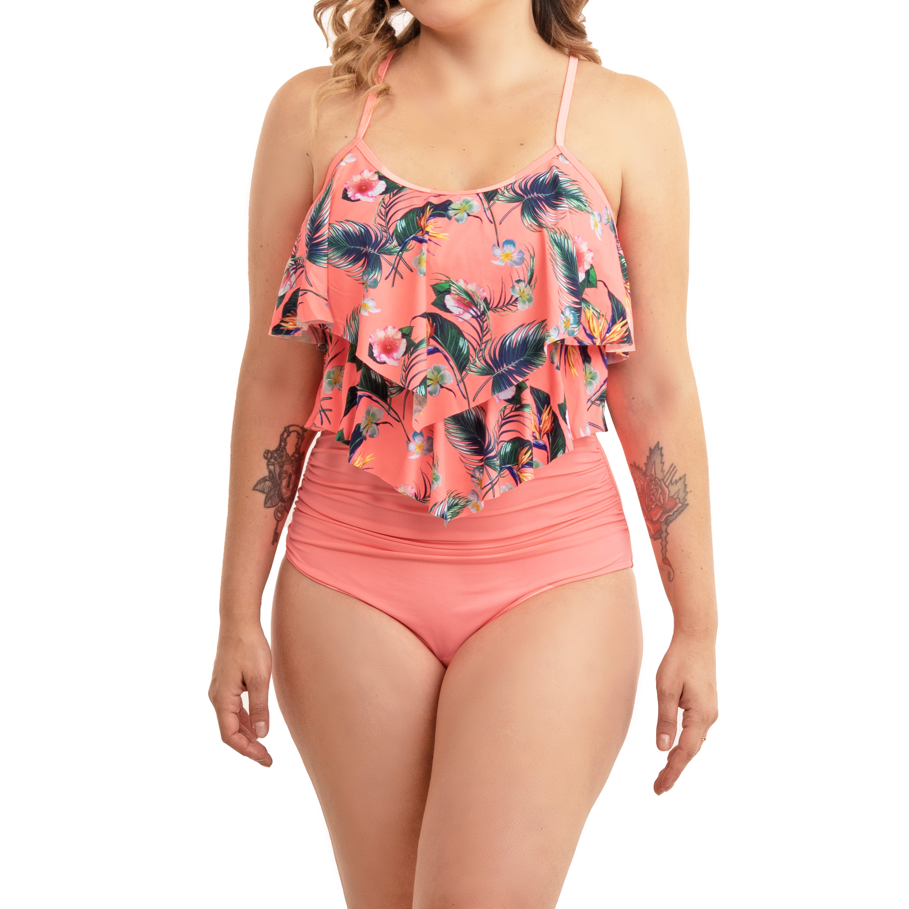 Bikini tiro alto top vuelos Maorí Coral floral 1
