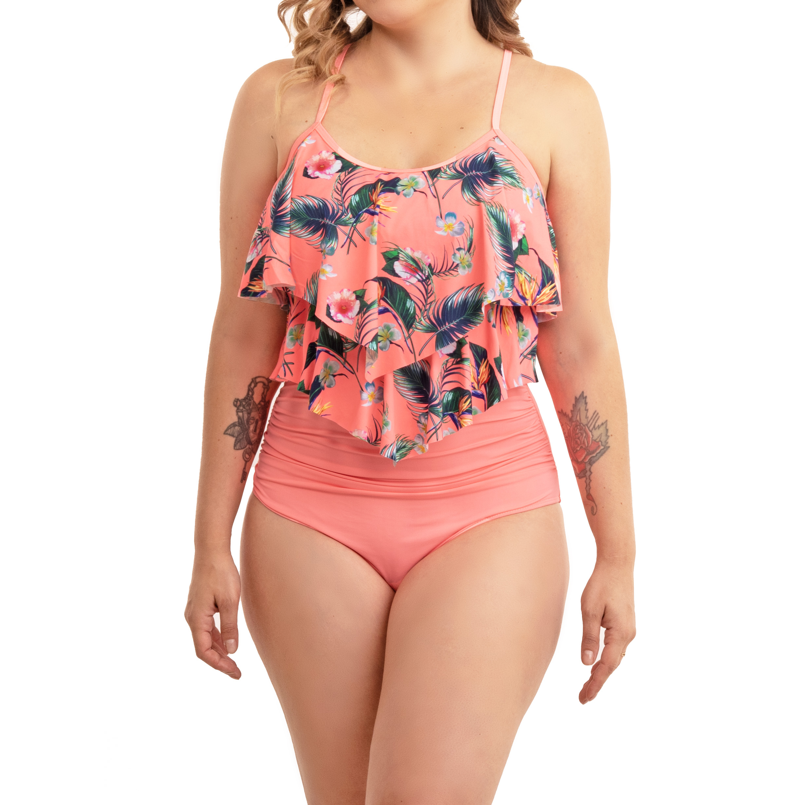 Bikini tiro alto top vuelos Maorí Coral floral 1