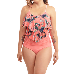 Bikini tiro alto top vuelos Maorí Coral floral