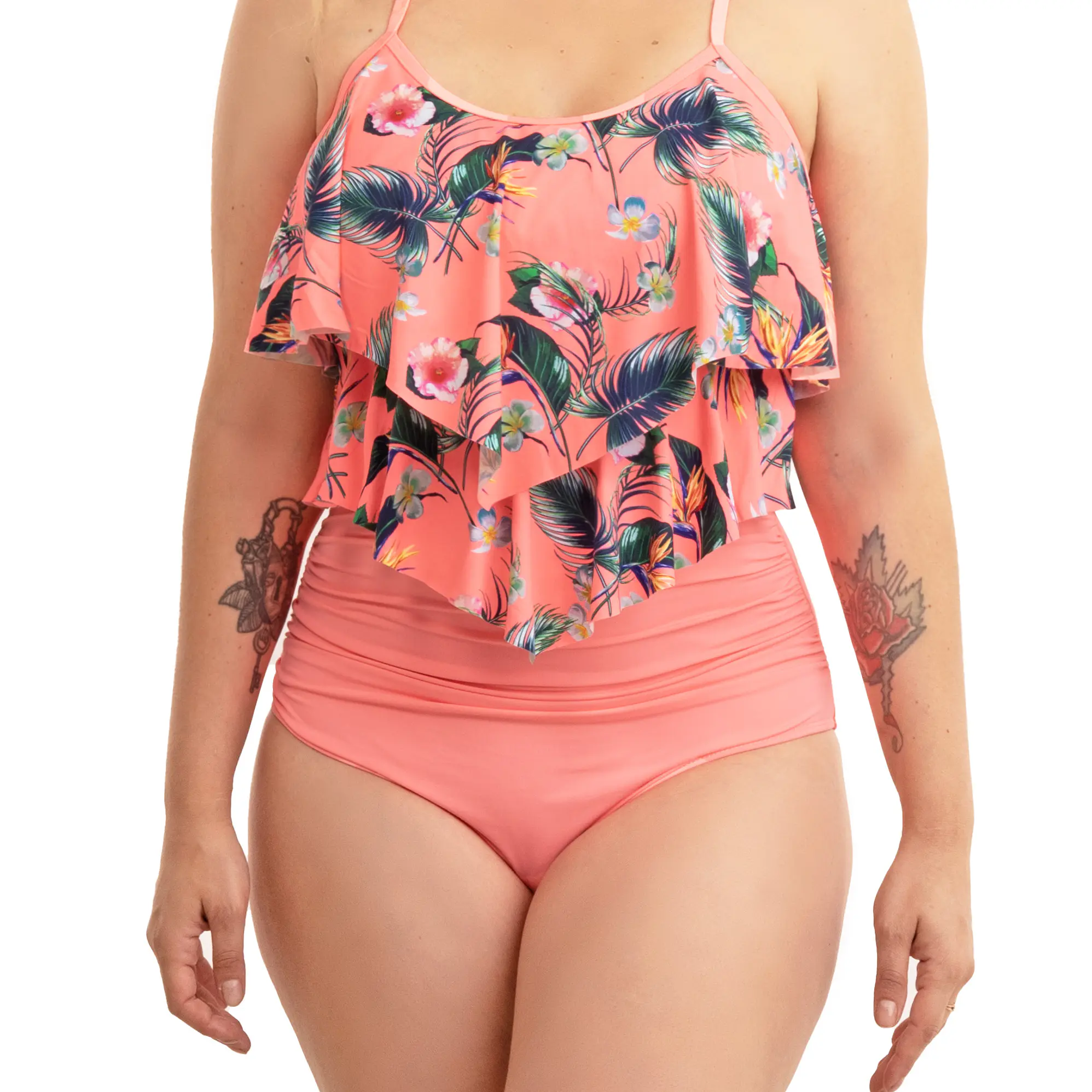 Bikini tiro alto top vuelos Maorí Coral floral 1