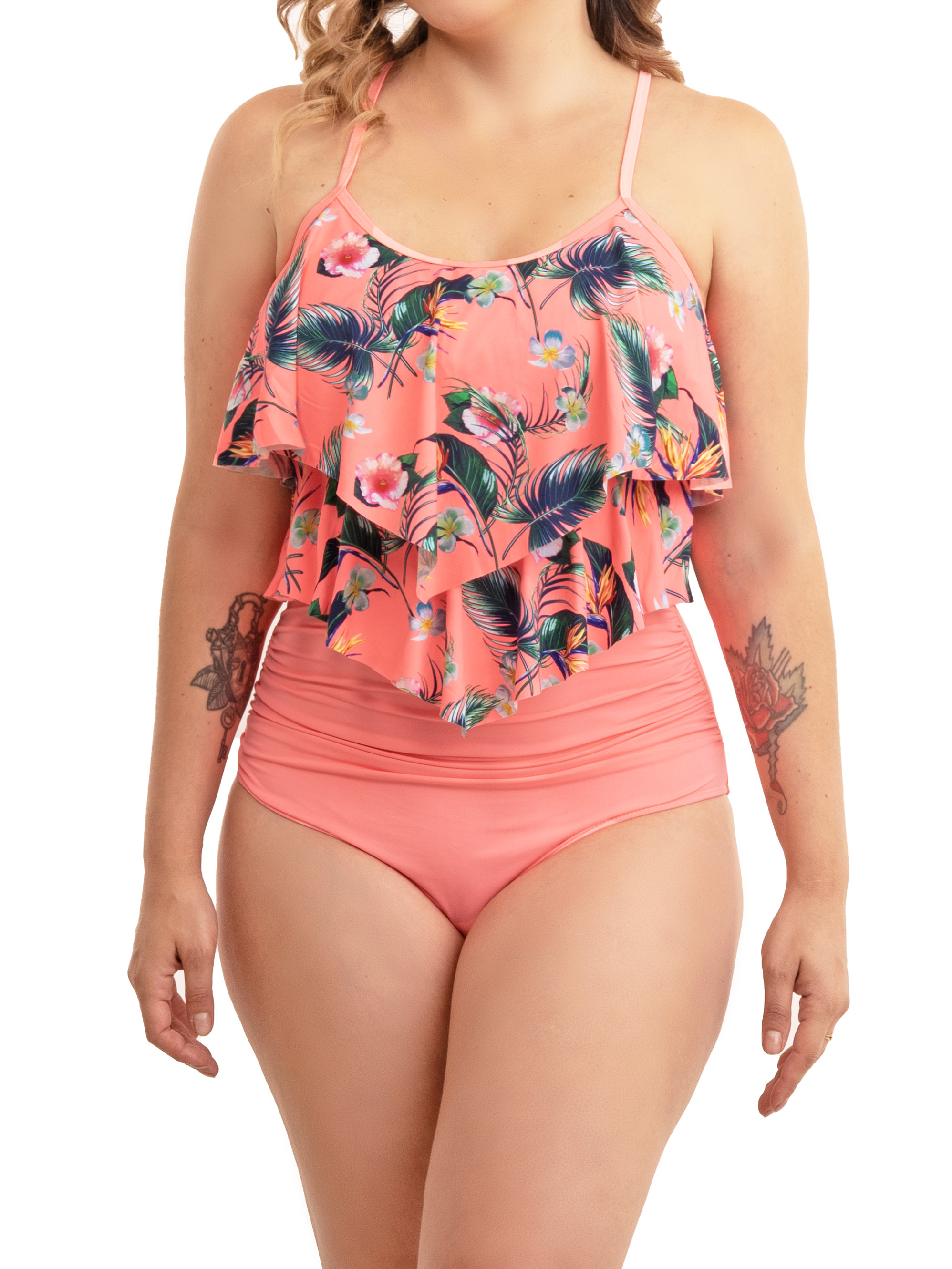 Bikini tiro alto top vuelos Maorí Coral floral 1