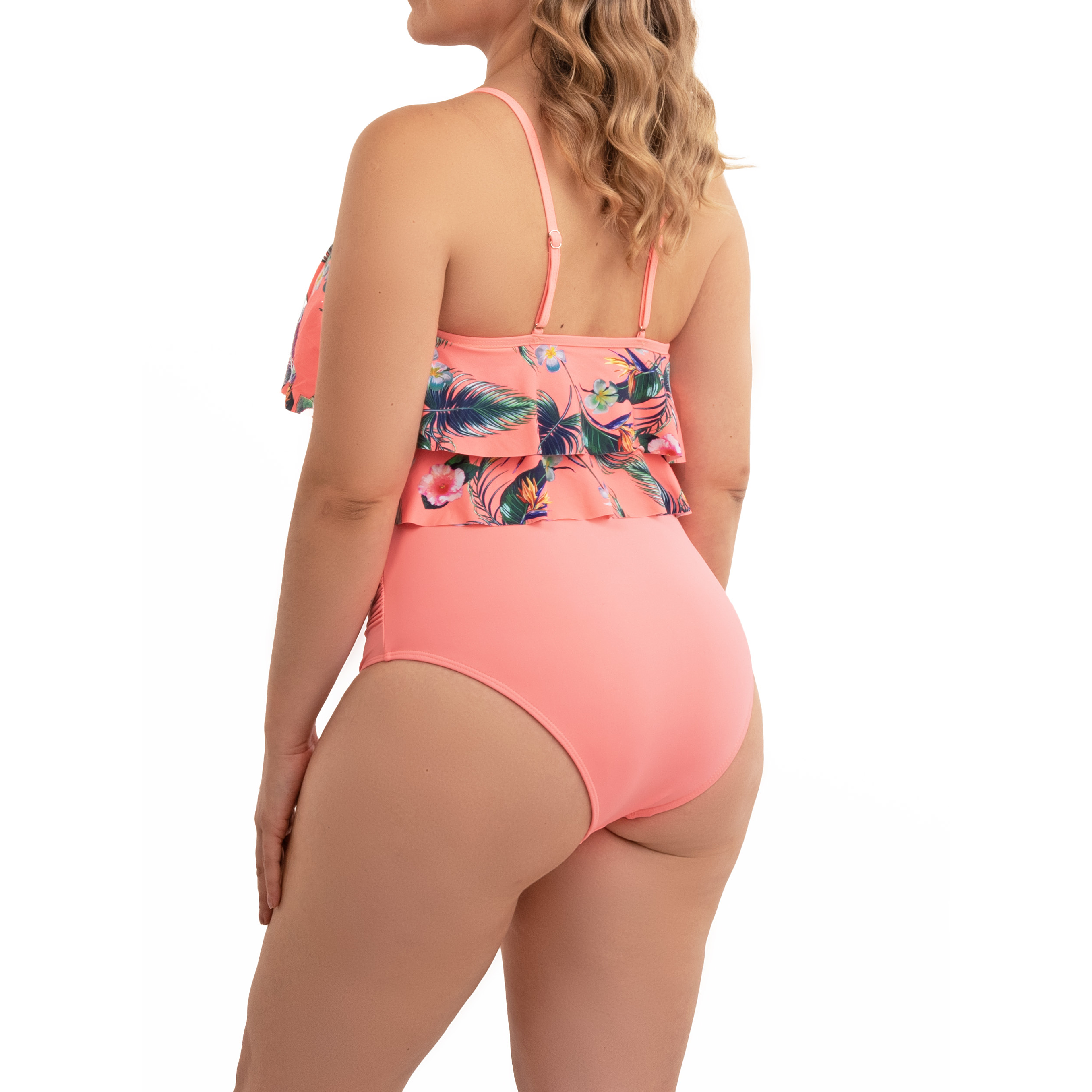 Bikini tiro alto top vuelos Maorí Coral floral 2