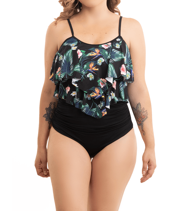 Bikini tiro alto top vuelos Maorí black floral