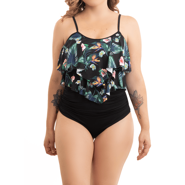 Bikini tiro alto top vuelos Maorí black floral