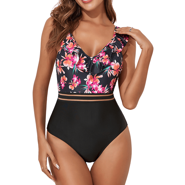 Traje de baño mujer vuelos floral escote V ruffle