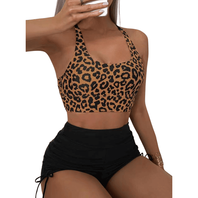 Bikini tiro alto short straps top animal print deportivo