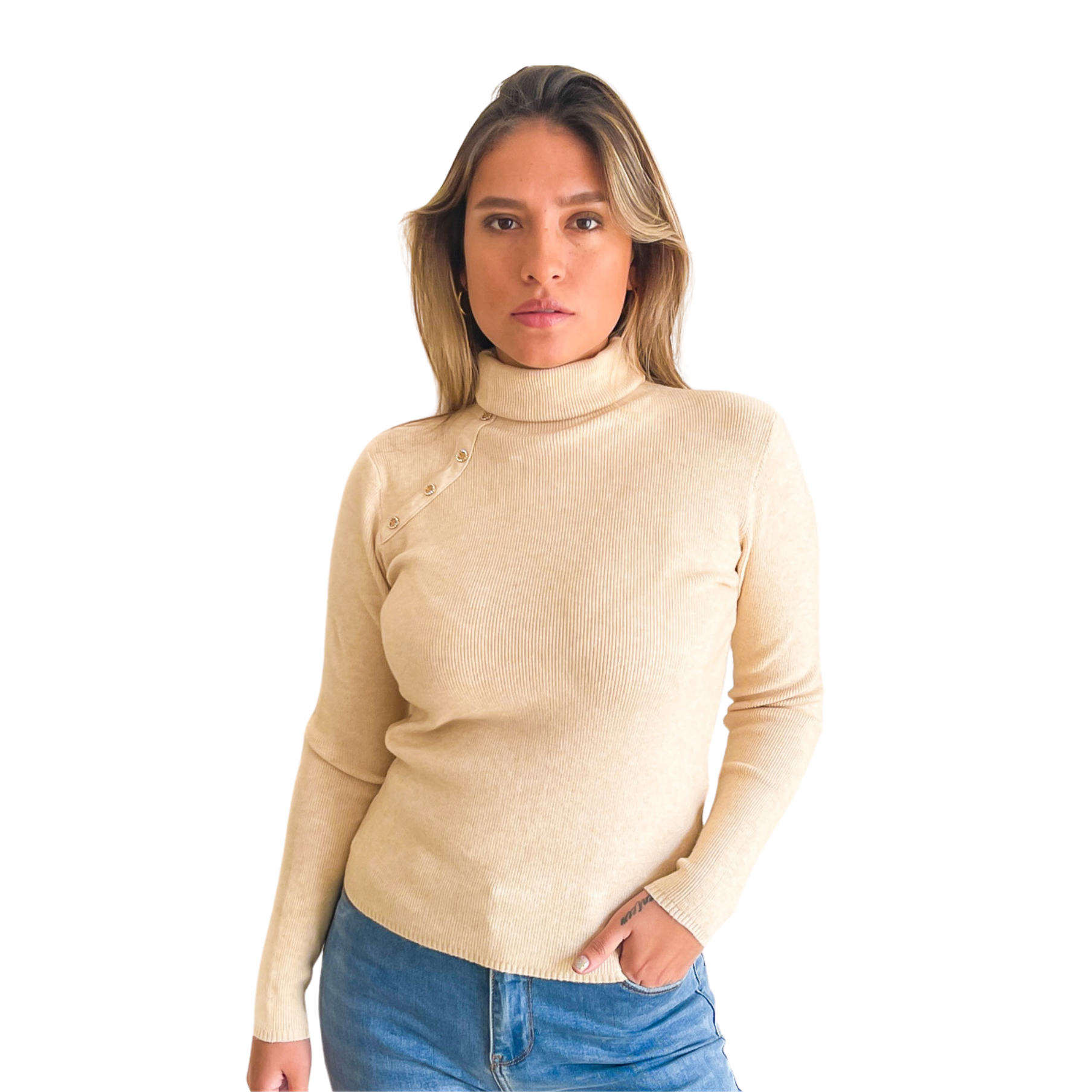 Sweater mujer cuello alto botones brillos 1