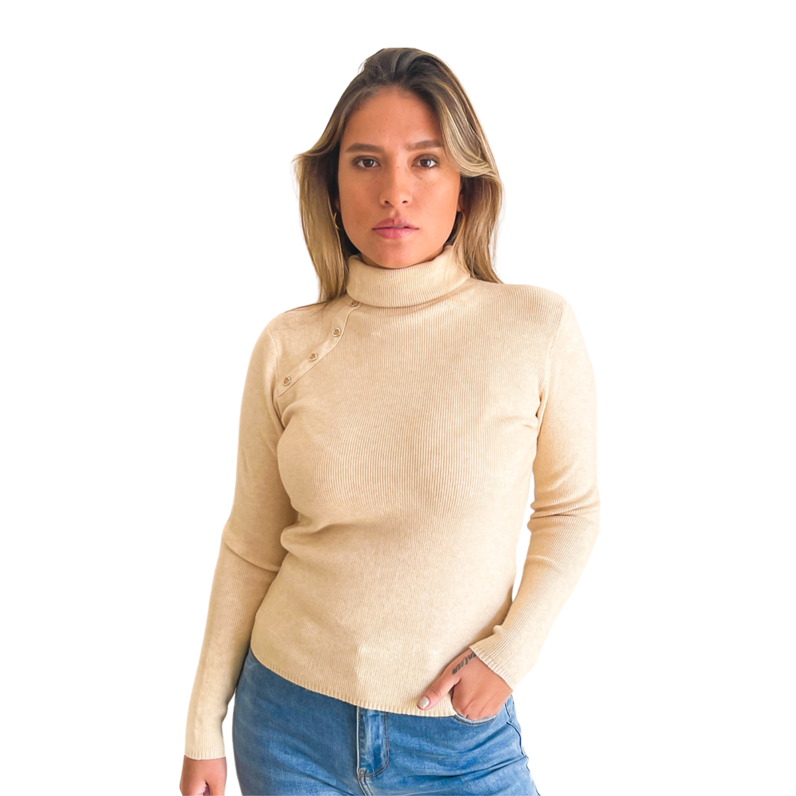 Sweater mujer cuello alto botones brillos 1