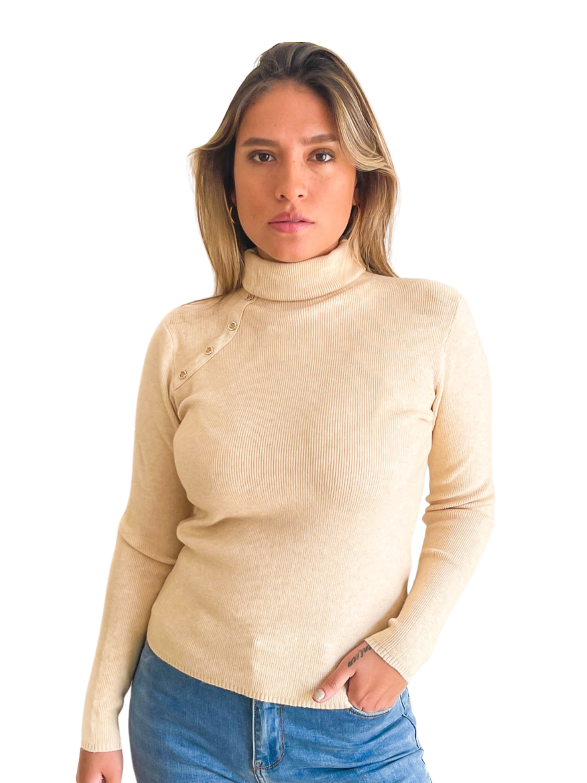 Sweater mujer cuello alto botones brillos 1