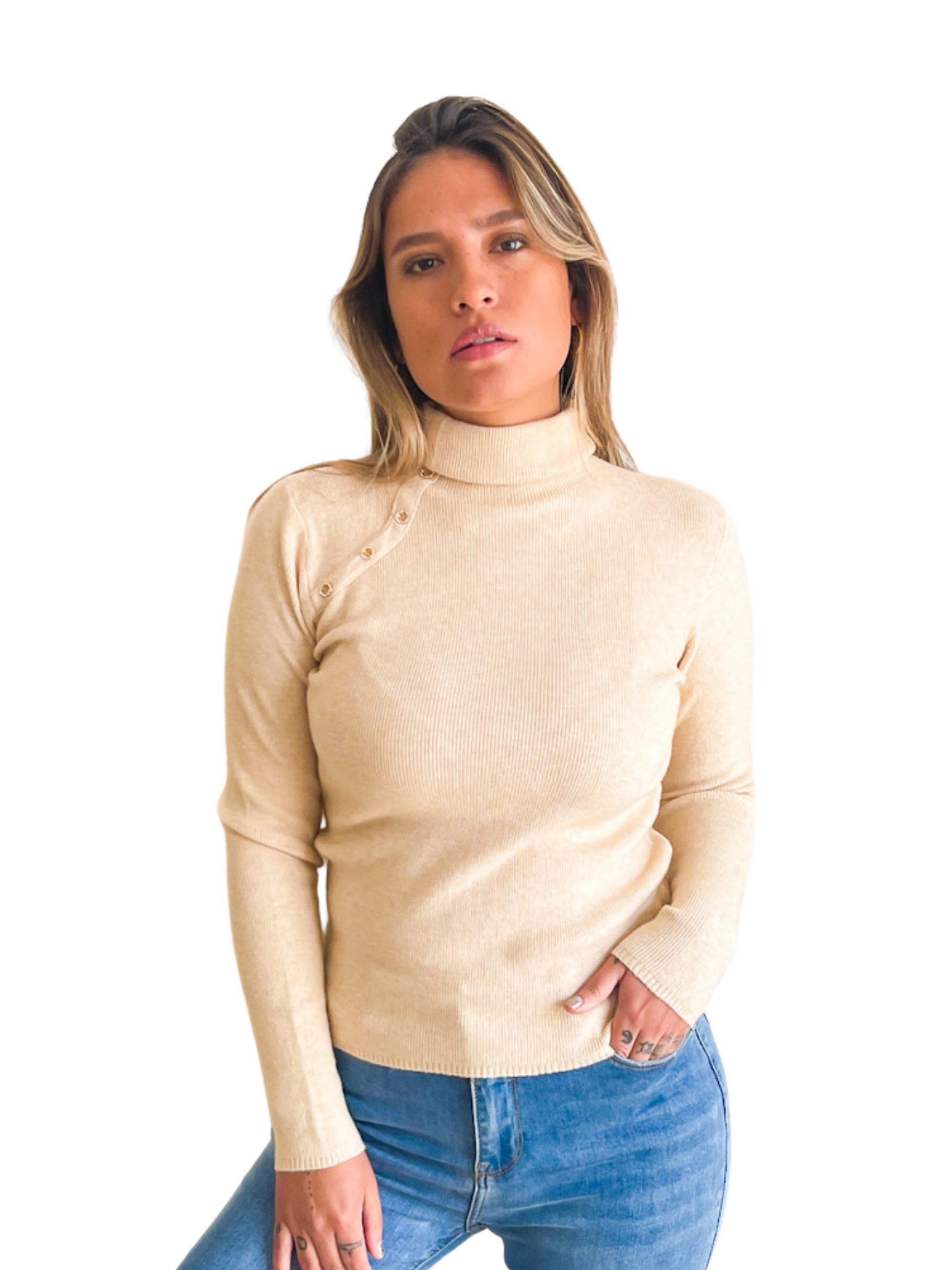Sweater mujer cuello alto botones brillos 2