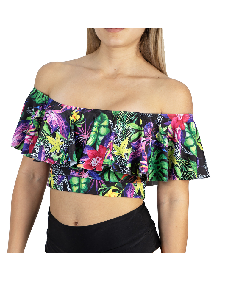 Top de traje de baño sin hombro estampado tropical